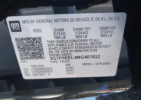 2021 GMC Sierra 1500 4Wd Short Box At4 z USA, uszkodzony, nr VIN 3GTP9EEL4MG407812